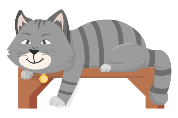 Cat Laying on Wooden Shelf. Cartoon Smil