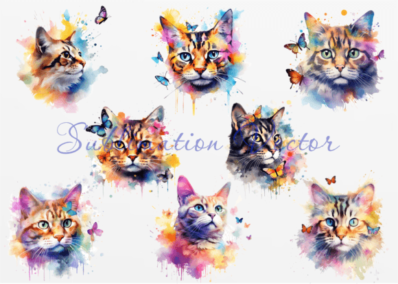 Cat Watercolor with Butterfly Art, PNG