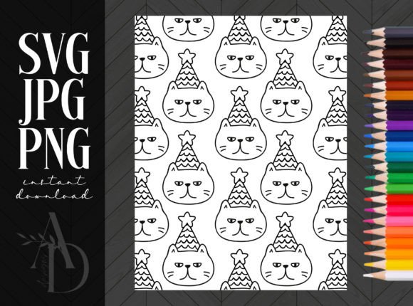 Coloring Page Cat Star Party Hats KDP