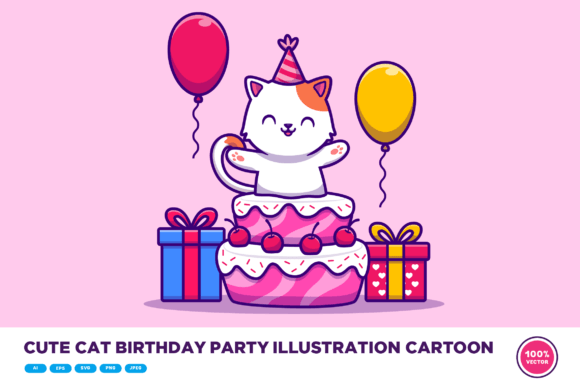 Cute Cat Birthday Party Illustration
