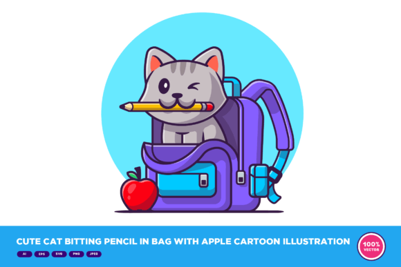 Cute Cat Biting Pencil in Bag Cartoon