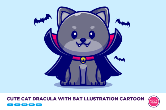 Cute Cat Dracula with Bat Illustration