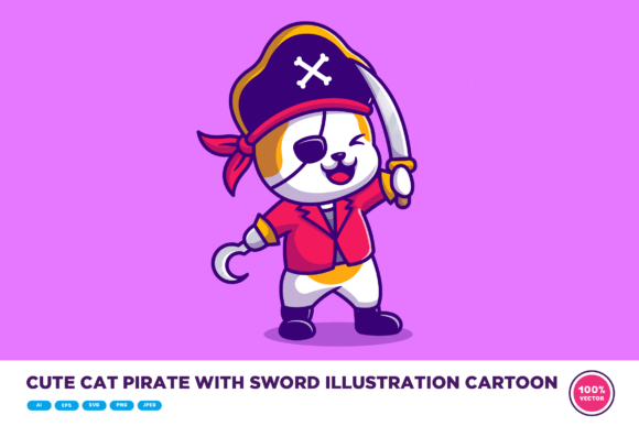 Cute Cat Pirate with Sword Illustration