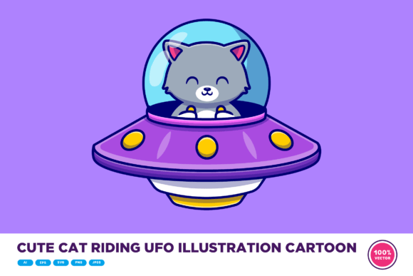 Cute Cat Riding UFO Illustration Cartoon