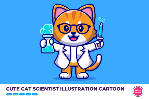 Cute Cat Scientist Illustration Cartoon