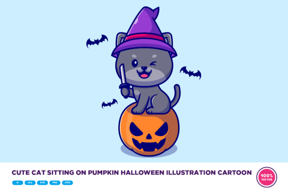 Cute Cat Sitting on Pumpkin Halloween