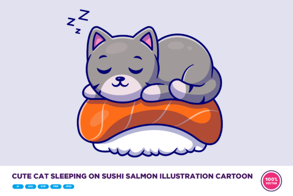 Cute Cat Sleeping on Sushi Salmon