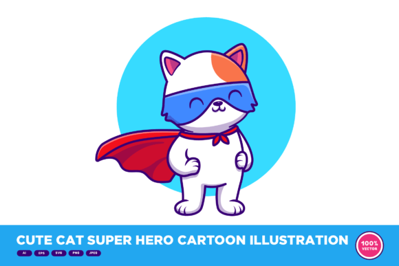Cute Cat Super Hero Cartoon Illustration