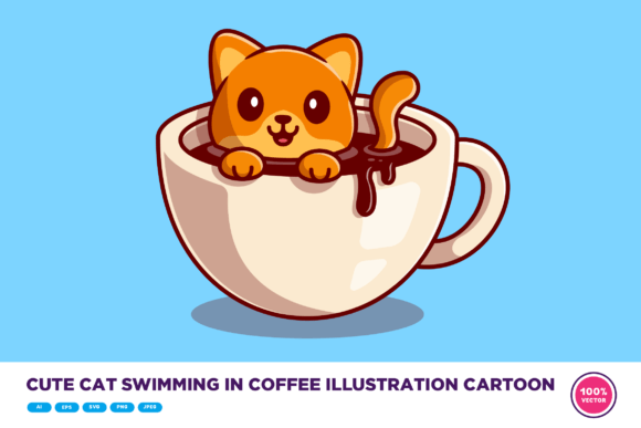 Cute Cat Swimming in Coffee Illustration
