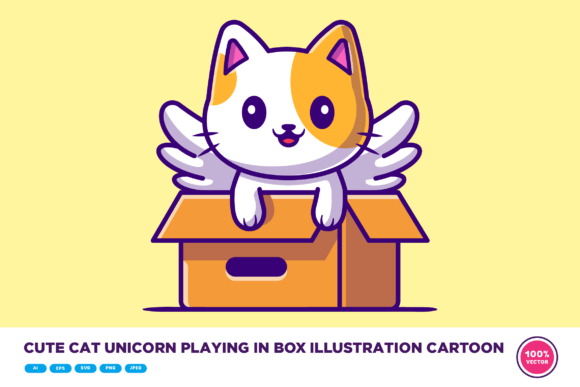 Cute Cat Unicorn Playing in Box Cartoon