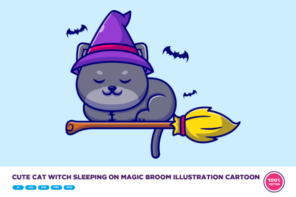 Cute Cat Witch Sleeping on Magic Broom