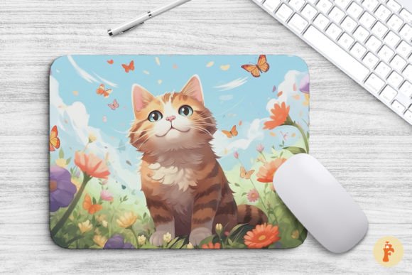 Mouse Pad Cute Cat and Butterflies