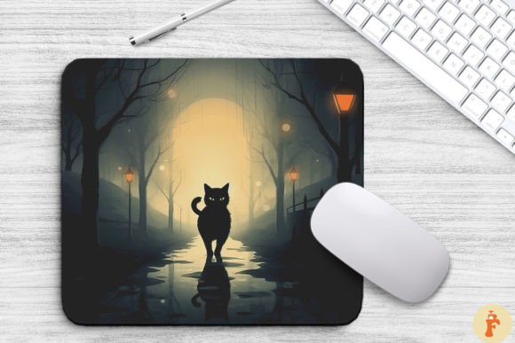 Spooky Black Cat on Misty Path Mouse Pad