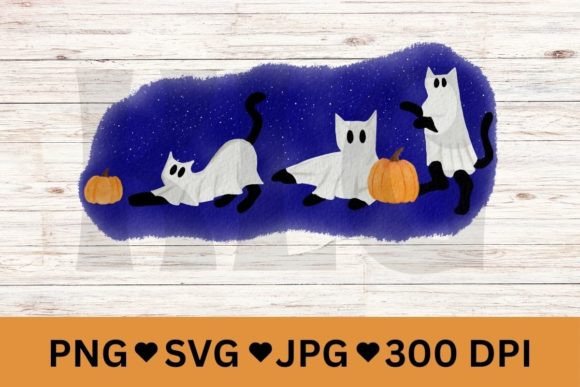 Watercolor Halloween Cat Ghosts Graphic